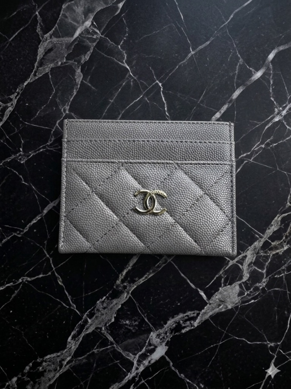 Chanel Quilted Card Holder with Gold Logo - Gray